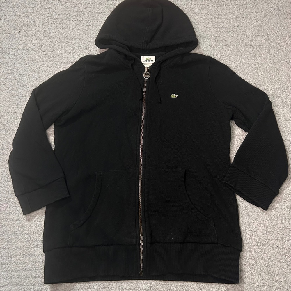 Lacoste Full Zip Hoodie Pique Knit 42 Black Quiet Luxury Preppy Sporty